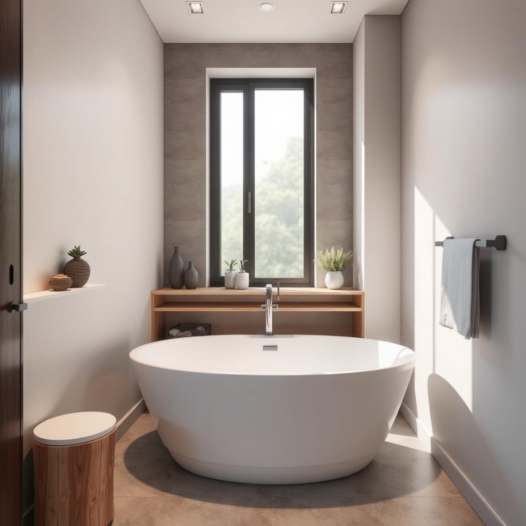 Generate an image of a compact freestanding tub in a small, modern bathroom