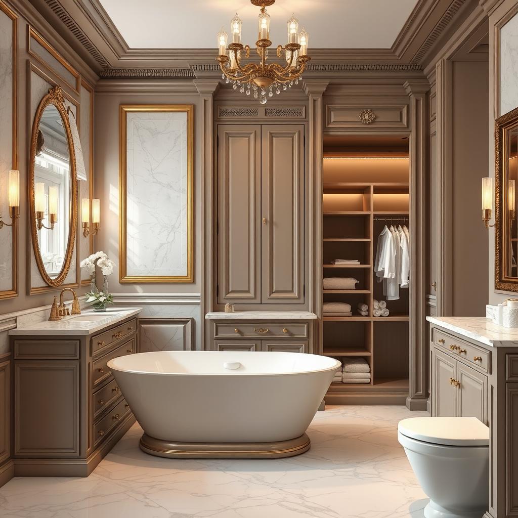 Generate an image of a luxurious bathroom featuring a built-in linen closet designed to resemble fine furniture.