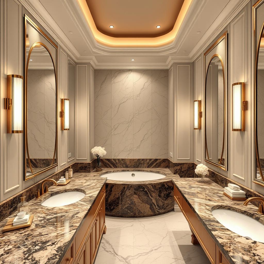Generate an image of a luxurious bathroom featuring granite countertops.