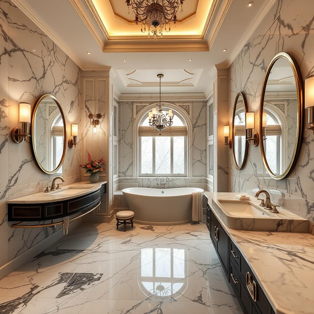 Generate an image of a luxurious bathroom featuring marble countertops.