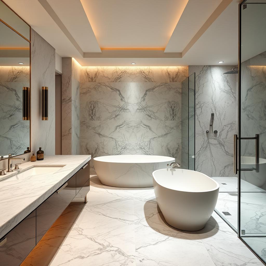 Generate an image of a luxurious bathroom featuring quartzite countertops.