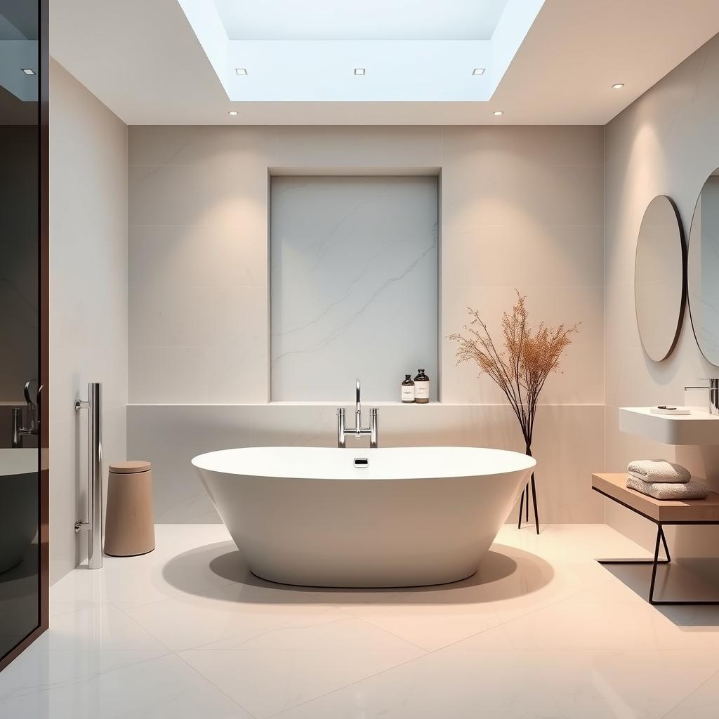 Generate an image of a modern bathroom featuring a freestanding bathtub
