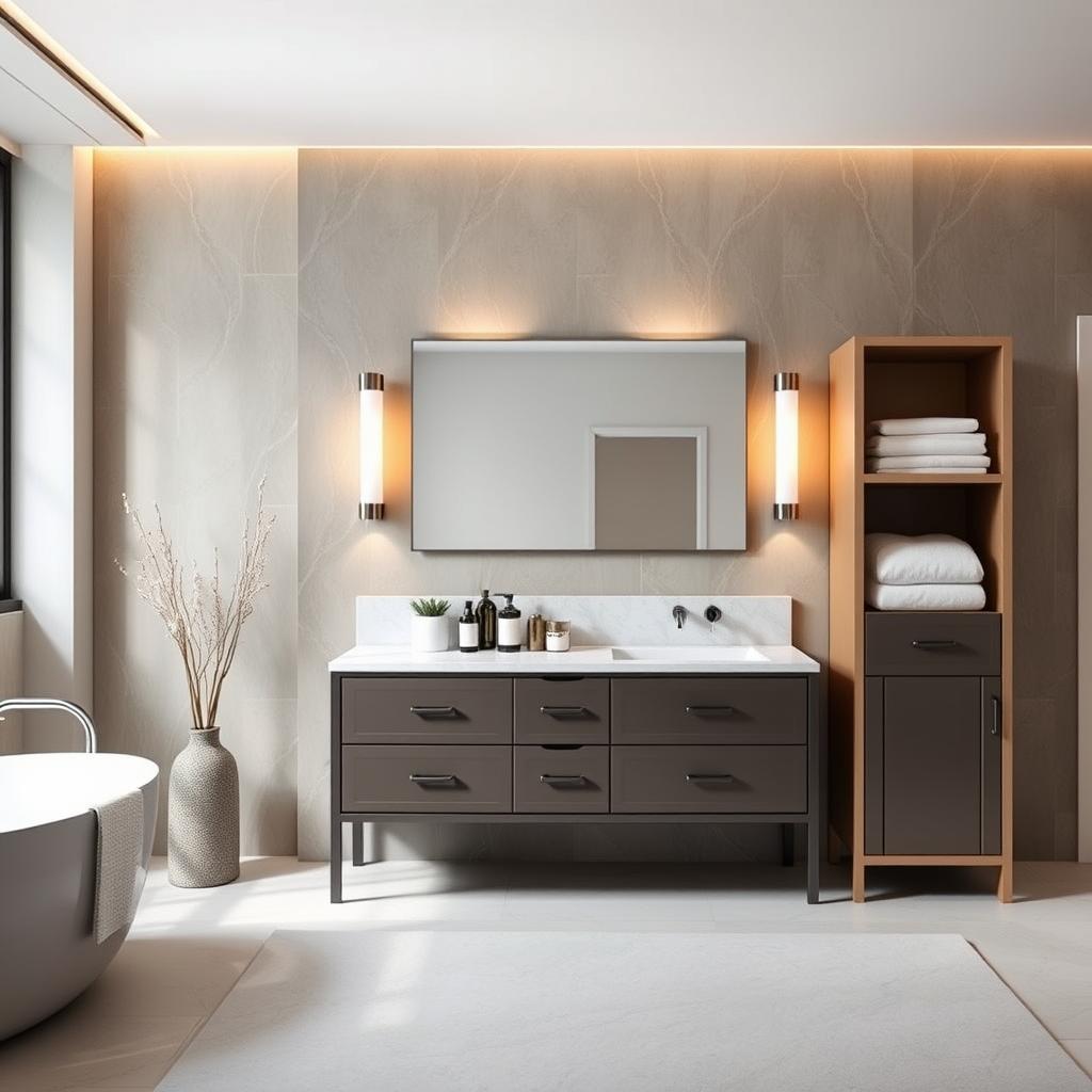 Generate an image of a modern bathroom featuring a vanity and linen tower combination.