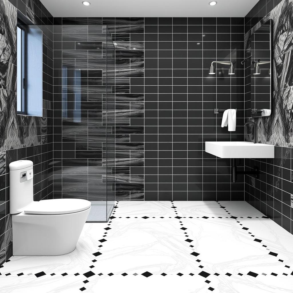 Generate an image of a modern bathroom featuring black and white tile combinations.