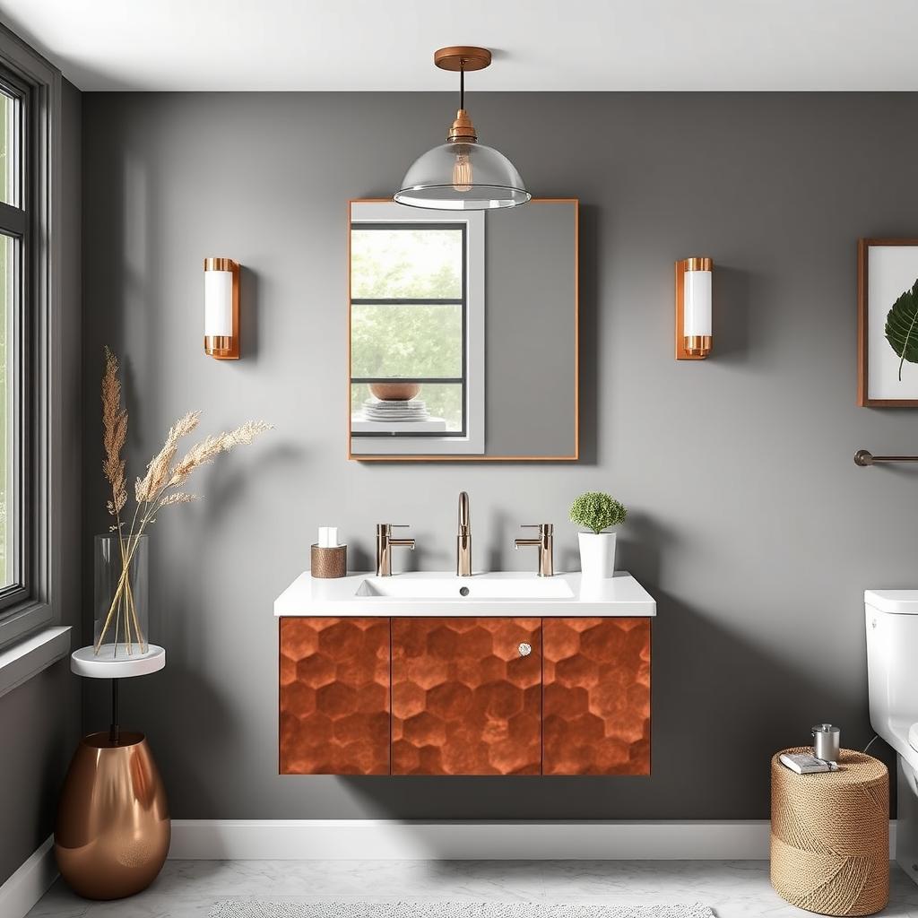Generate an image of a modern bathroom featuring the Premier Copper Products 24" Hammered Copper Wall Mount Bathroom Vanity.