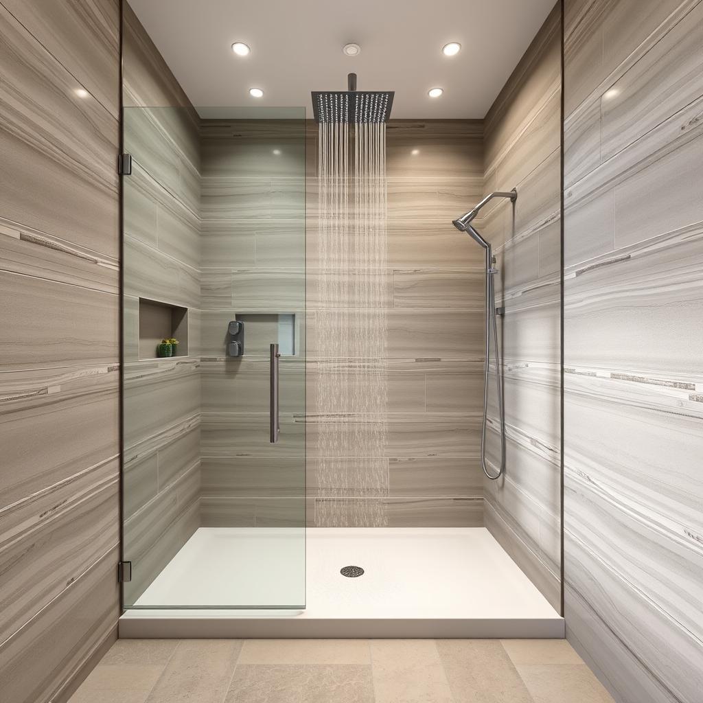 Generate an image of a modern bathroom shower with ceramic tile walls and a rainfall showerhead.