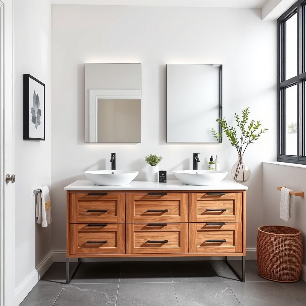 Generate an image of a modern bathroom with a Zovehomes storage vanity