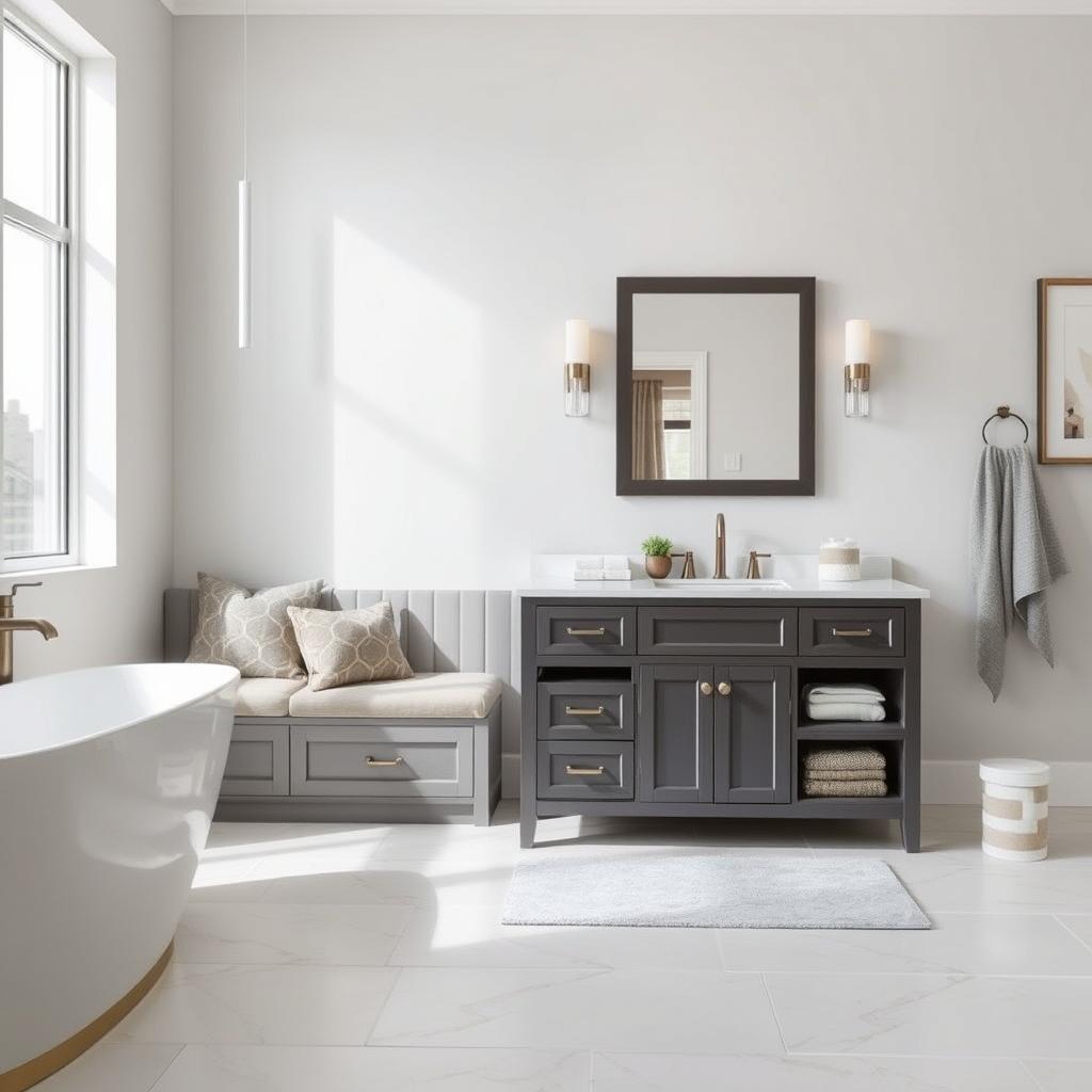 Generate an image of a modern bathroom with a furniture-style vanity and integrated seating
