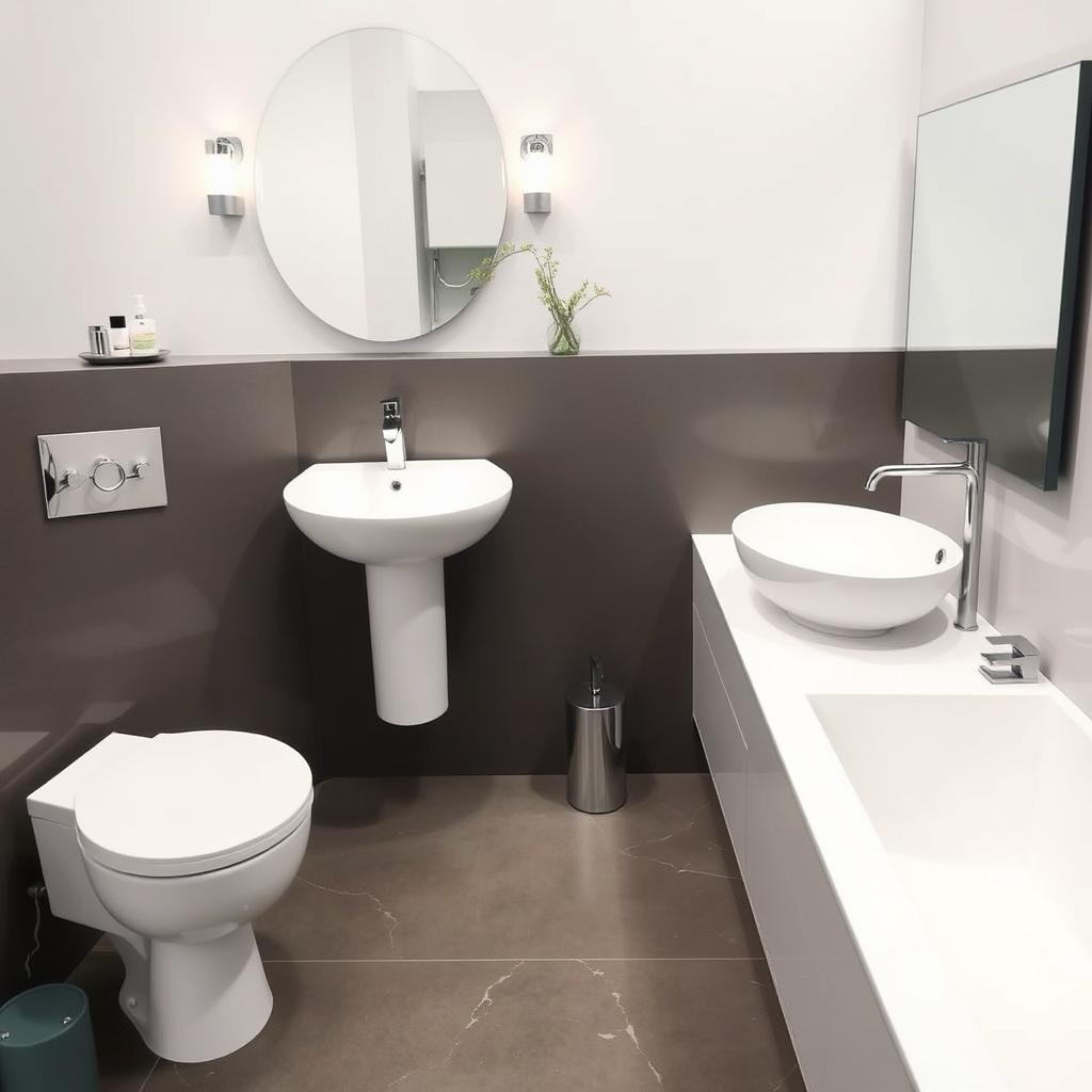 Generate an image of a modern bathroom with a pedestal sink and vessel sink.