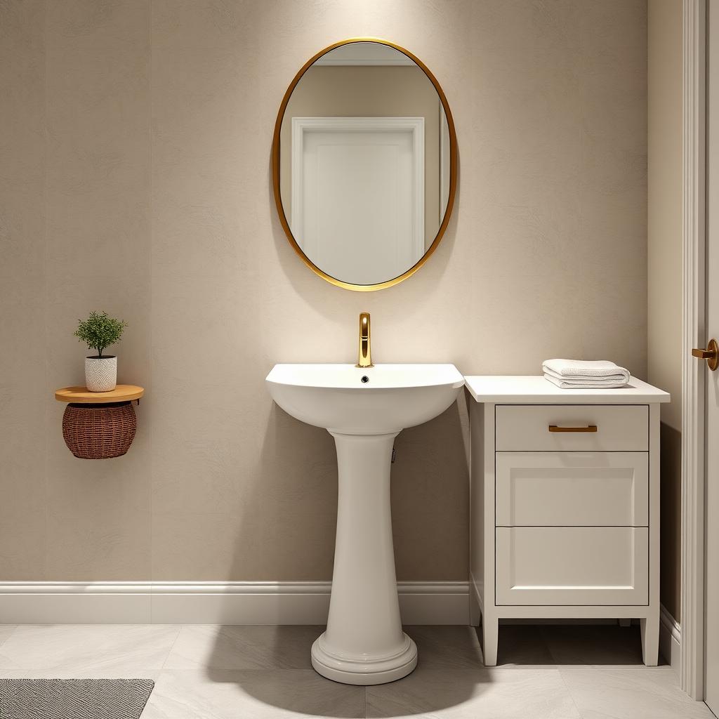 Generate an image of a modern bathroom with a pedestal sink surrounded by a custom vanity.