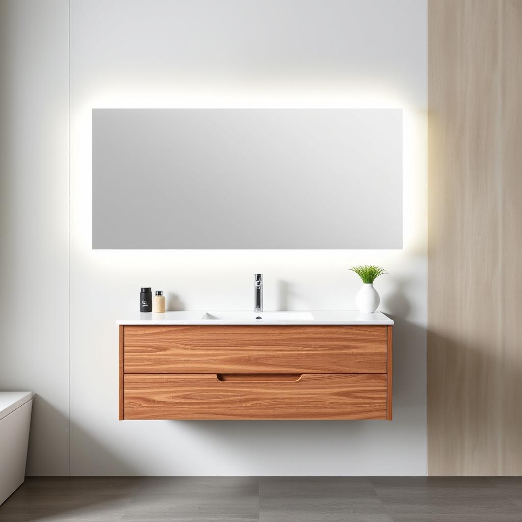 Generate an image of a modern bathroom with a wall-mounted vanity and a large mirror above it.