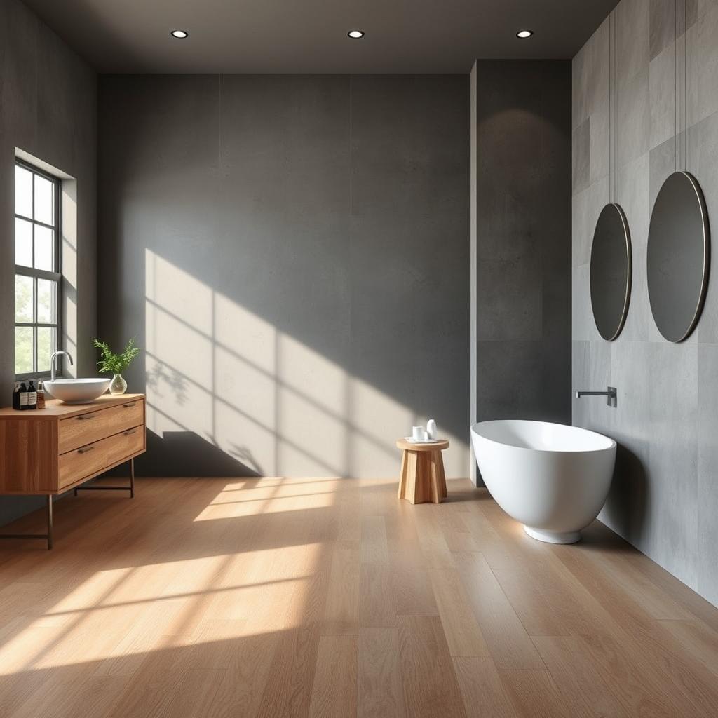 Generate an image of a modern bathroom with eco-friendly flooring options like cork, bamboo, or concrete.