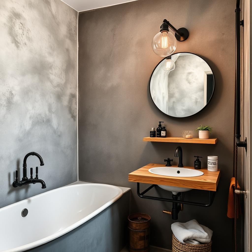 Generate an image of a modern bathroom with industrial chic elements, featuring recycled metal fixtures and decorative accents.