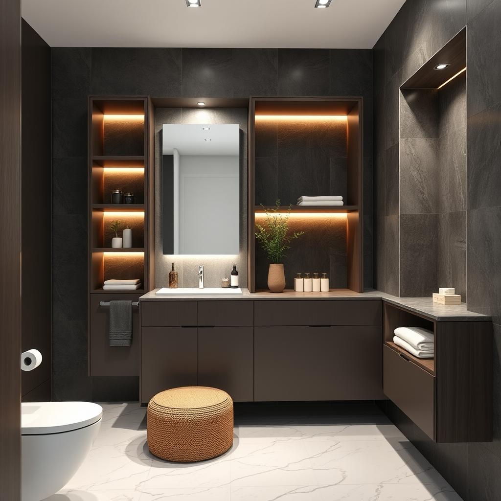 Generate an image of a modern bathroom with recessed storage