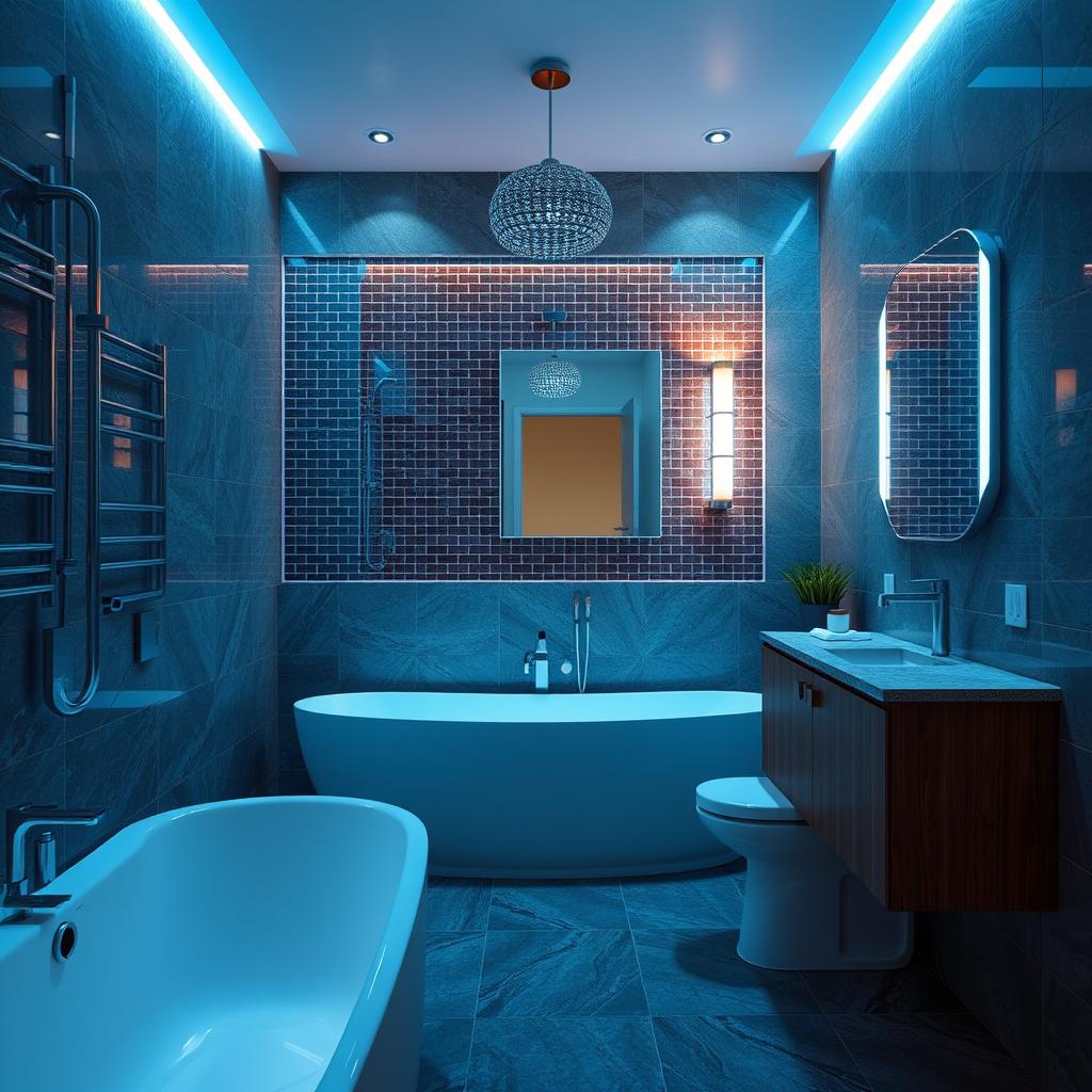 Generate an image of a modern bathroom with smart lighting fixtures