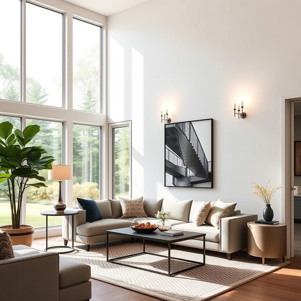 Generate an image of a modern living room with stylish wall sconces
