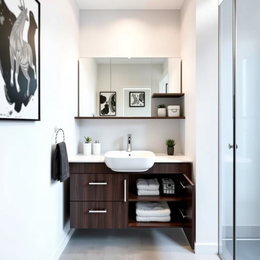 Generate an image of a modern small bathroom with a vanity cabinet that includes a sink, drawers, and shelves.