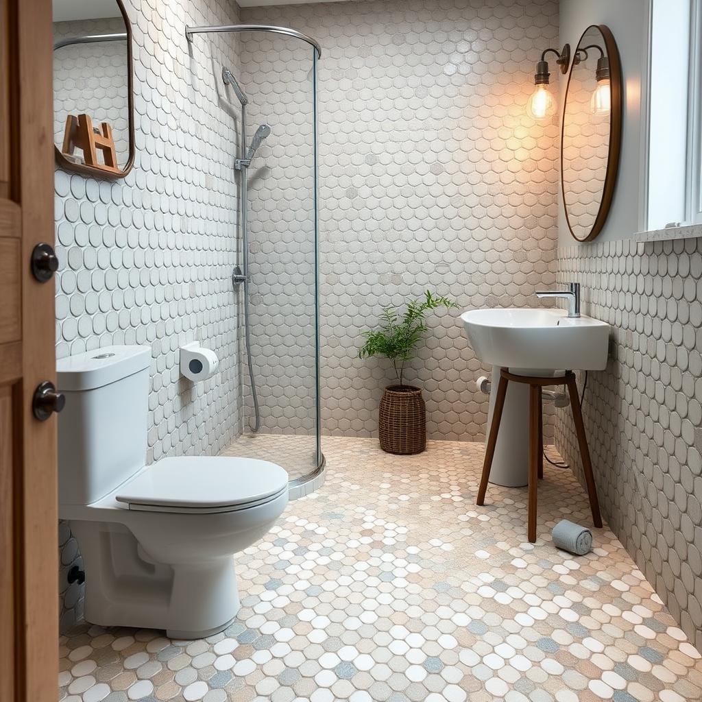 Generate an image of a small bathroom featuring penny round tiles
