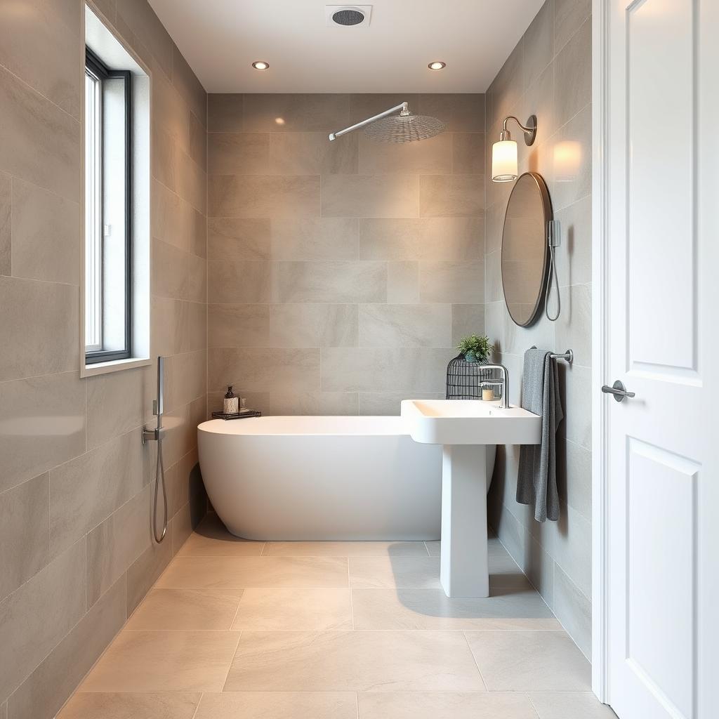 Generate an image of a small bathroom with large-format tiles on the floor and walls, creating a seamless and expansive look.
