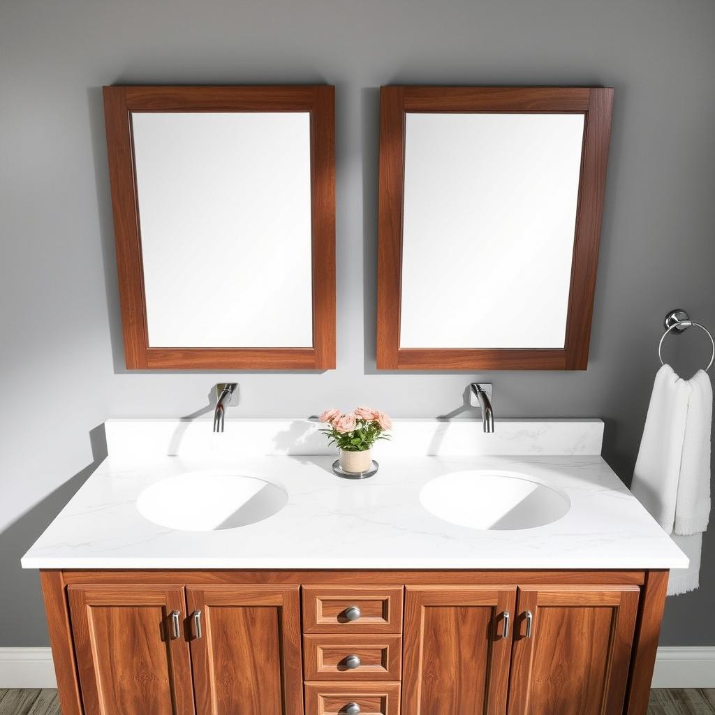 Generate an image of a traditional double vanity with a Dark Oak finish and Carrara marble countertop.