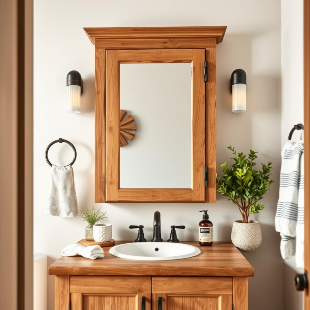 Generate an image of a wood-framed medicine cabinet in a rustic bathroom setting.