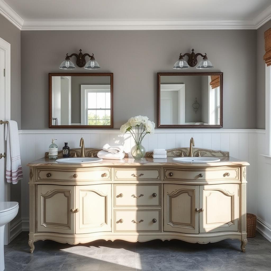 Generate an image of an antique buffet transformed into a double vanity in a bathroom.