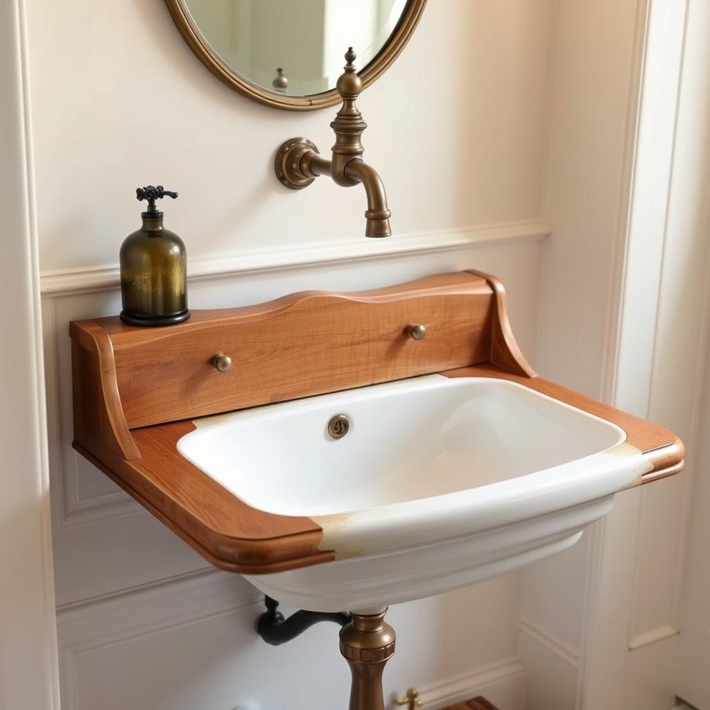 Generate an image of an antique dry sink converted into a bathroom vanity with a copper faucet.