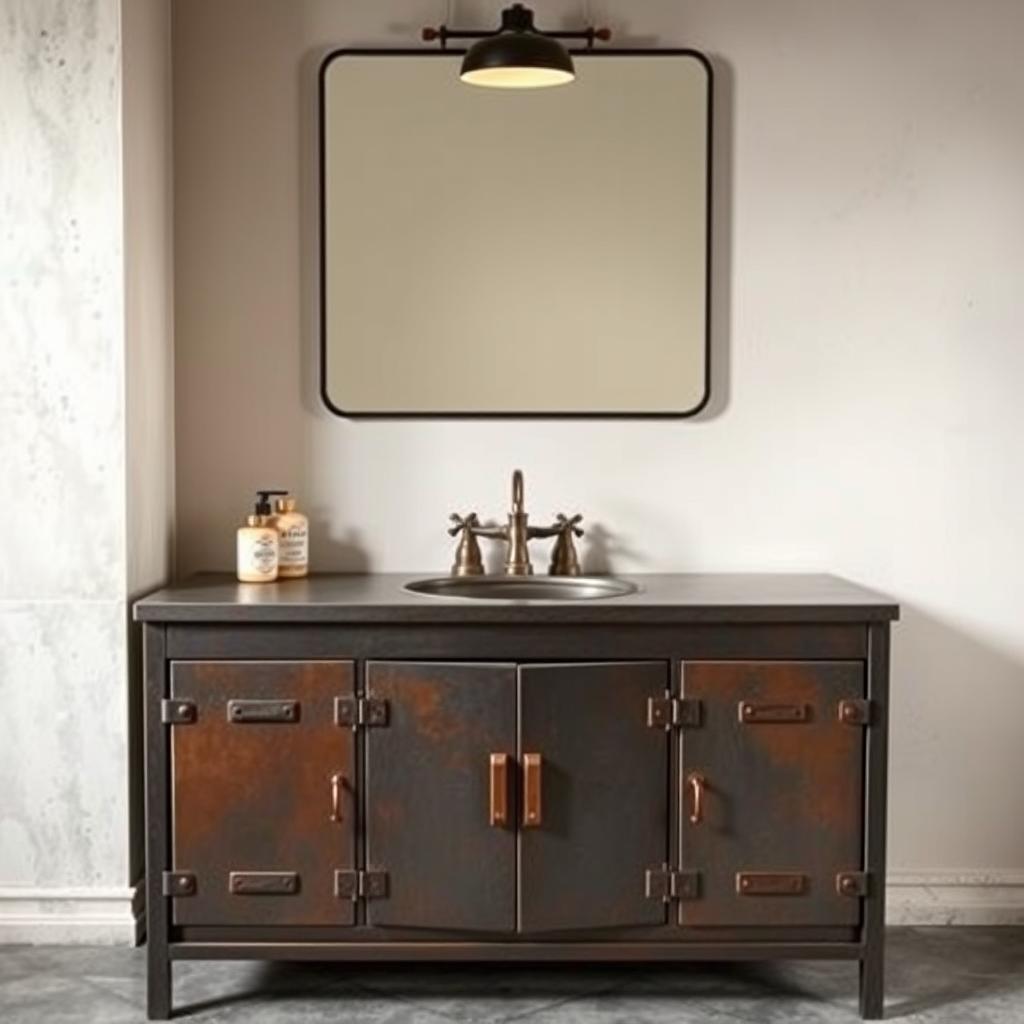 Generate an image of an industrial metal cabinet transformed into a bathroom vanity with copper fixtures and metal-framed mirror.
