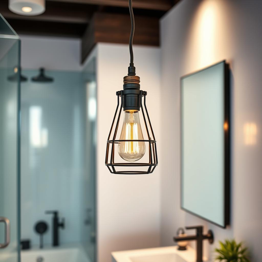 Generate an image of an industrial-style pendant light in a modern bathroom setting.