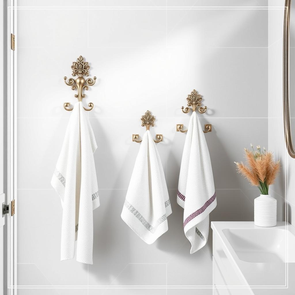 Generate an image of decorative towel hooks in a bathroom