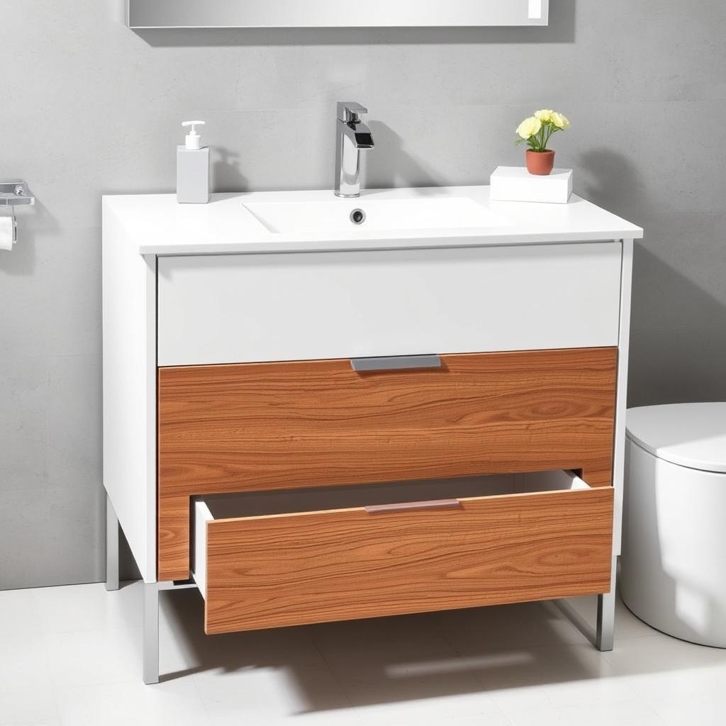 Generate an image of the MaestroBath Sogno Modern Bathroom Vanity with a clean white finish and wooden drawers.
