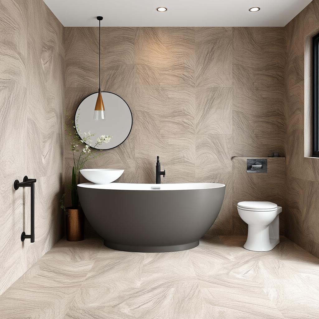 Generate an image of vinyl tiles in a bathroom