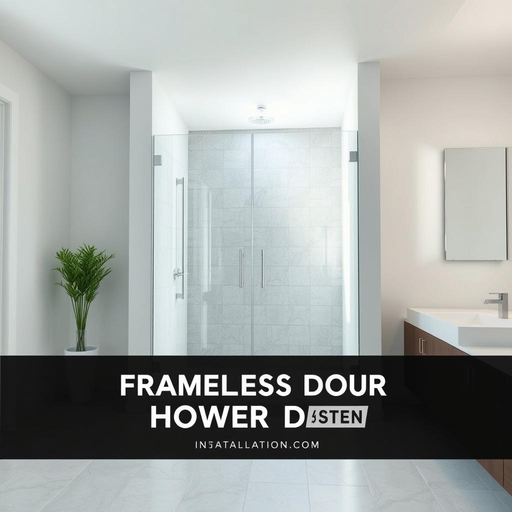 High-quality, photorealistic image of a frameless shower door installation process, showing the detailed step-by-step procedure. The scene depicts a modern, minimalist bathroom interior with clean lines and natural lighting. The frameless glass shower door is the focal point, showcasing its elegant and seamless integration into the space. The camera angle provides a clear, eye-level view of the installation, highlighting the key components and techniques involved. The lighting is soft and diffused, creating a calm and inviting atmosphere. The overall composition emphasizes the precision and attention to detail required for a successful frameless shower door installation.