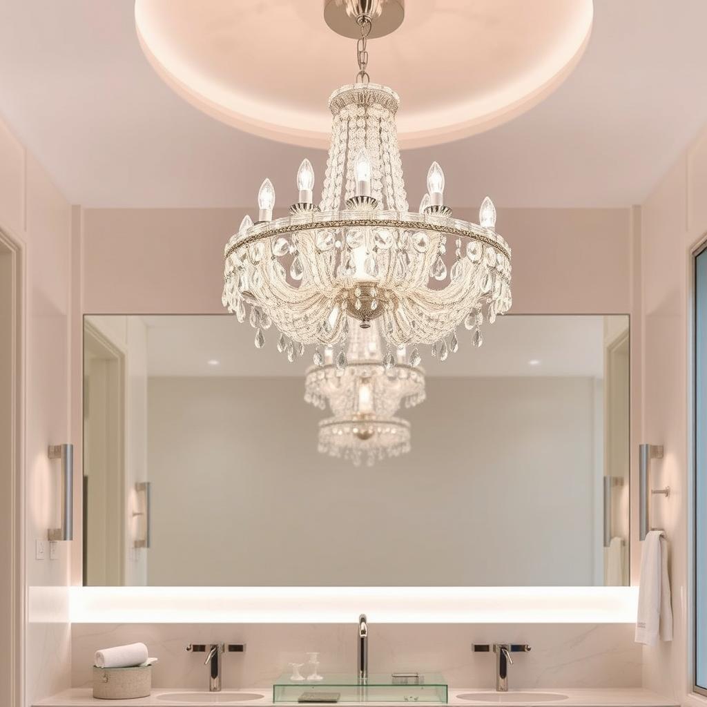 Image of a bathroom with a glass chandelier