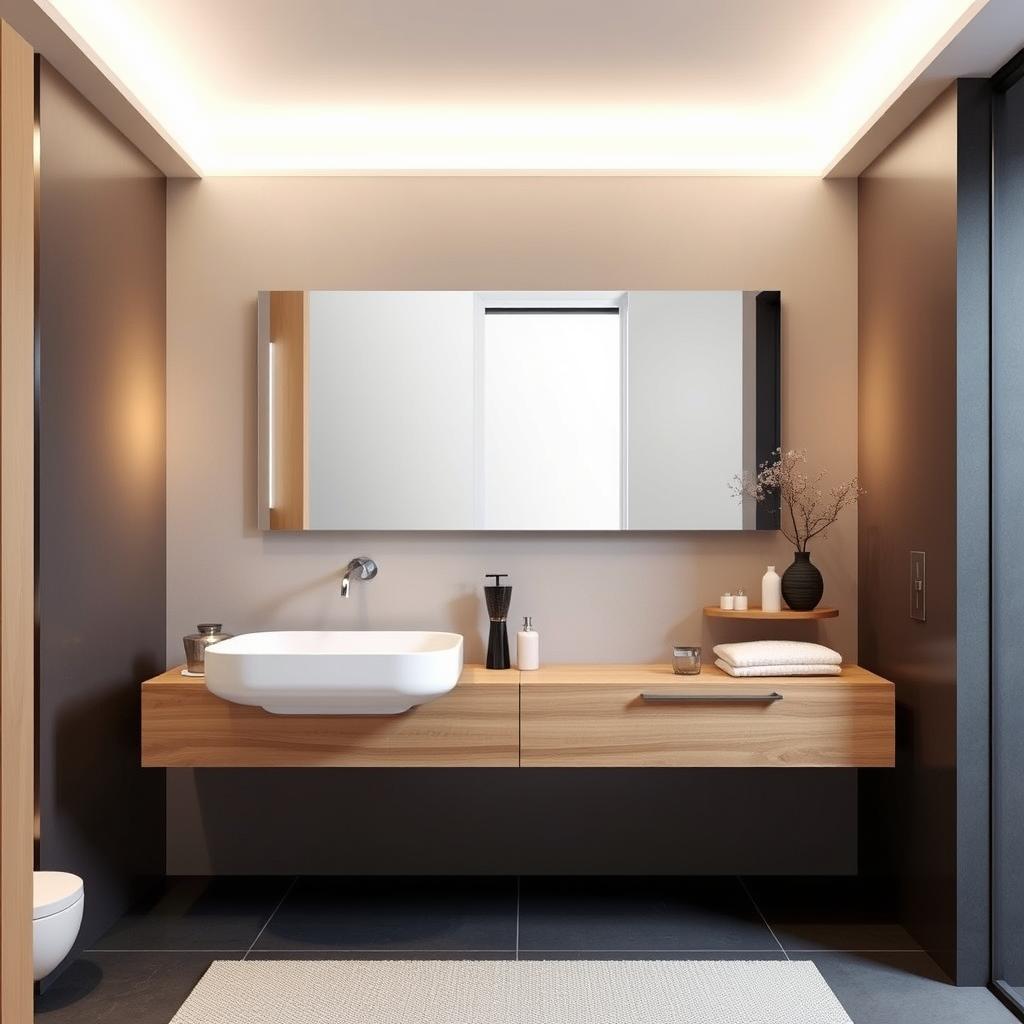 Image of a floating wood bathroom vanity