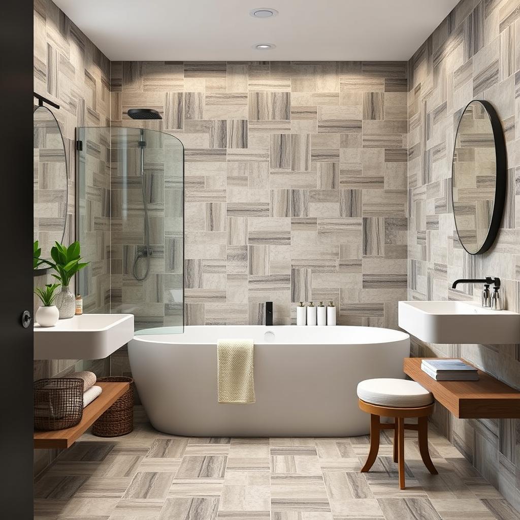 Image of a modern bathroom featuring recycled tiles