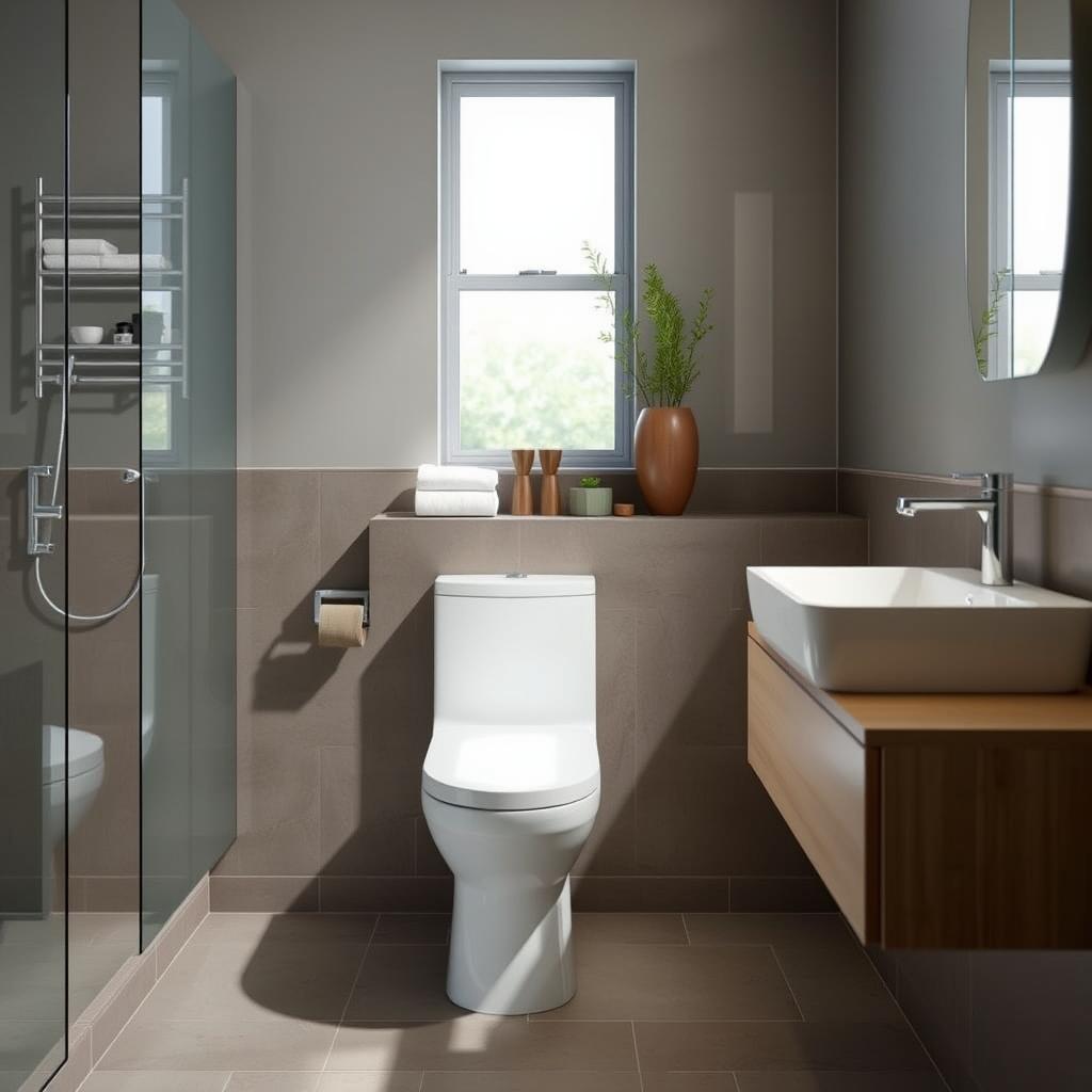 Image of a modern bathroom with low-flow faucets and toilets