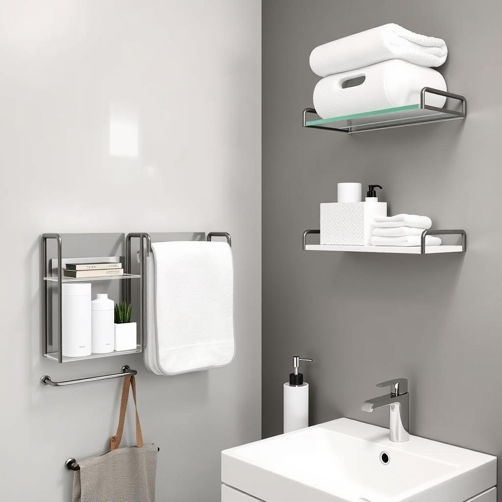 Image of a modern bathroom with wall-mounted shelves and organizers