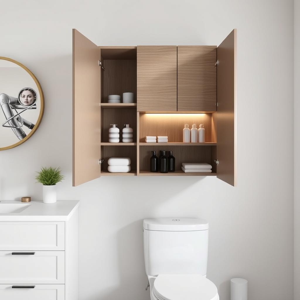 Image of a modern over-the-toilet cabinet with sleek design and ample storage