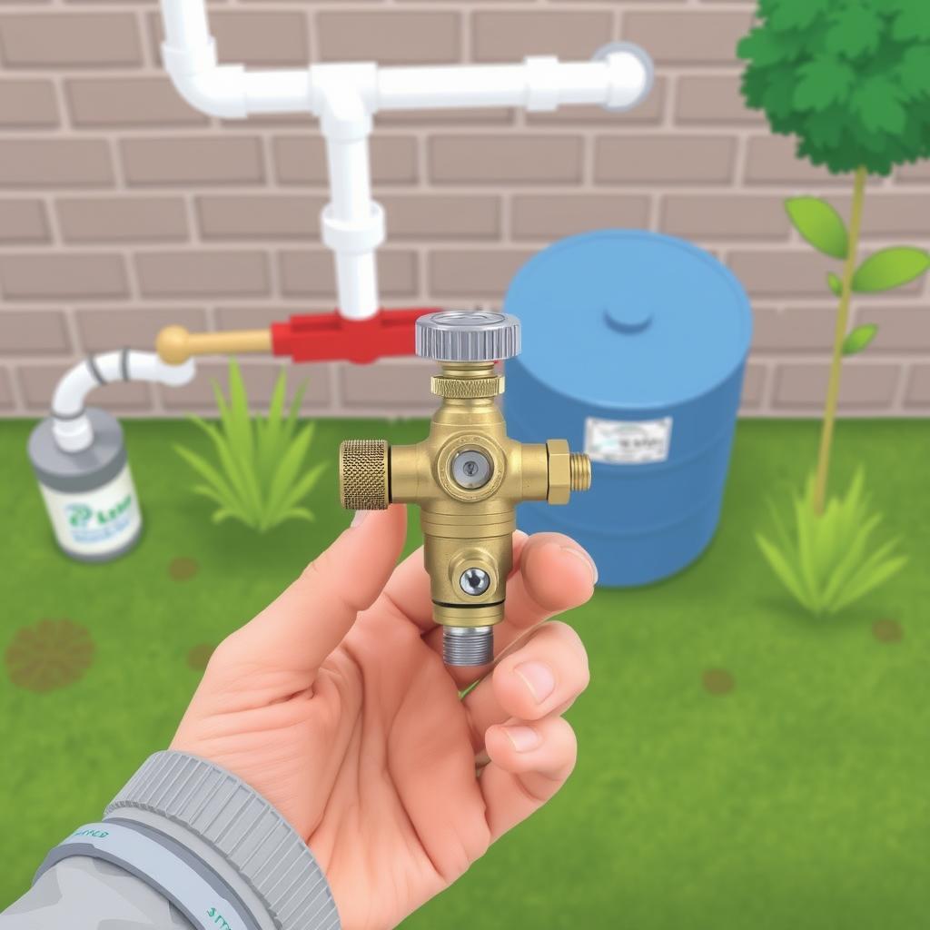 Image of a person holding a 3-way diverter valve with a greywater system installation background