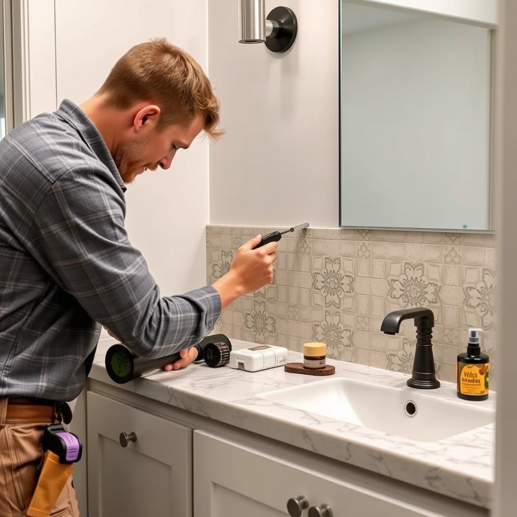 Image of a person installing bathroom backsplash tiles