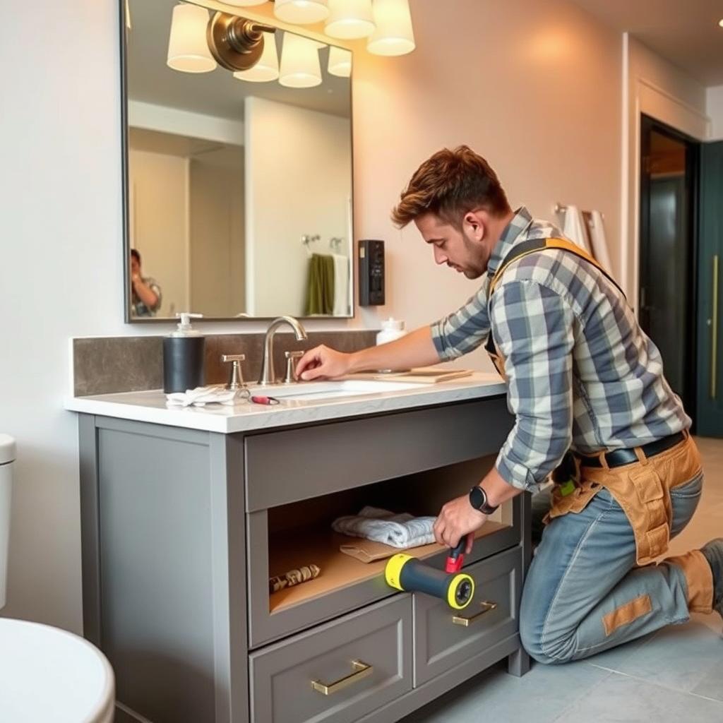 Image of a professional installer working on a bathroom vanity