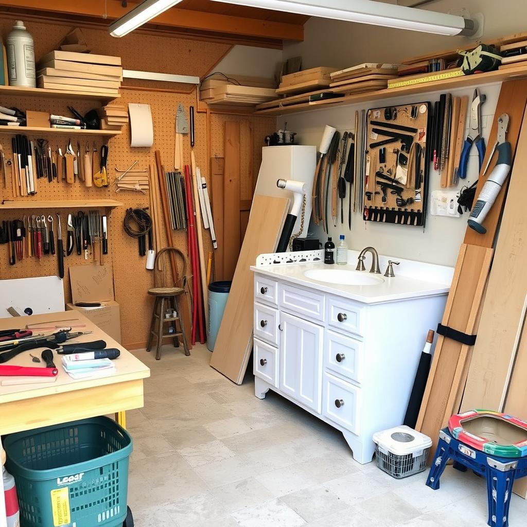 Image of a well-organized workshop with tools and materials for a DIY bathroom vanity project
