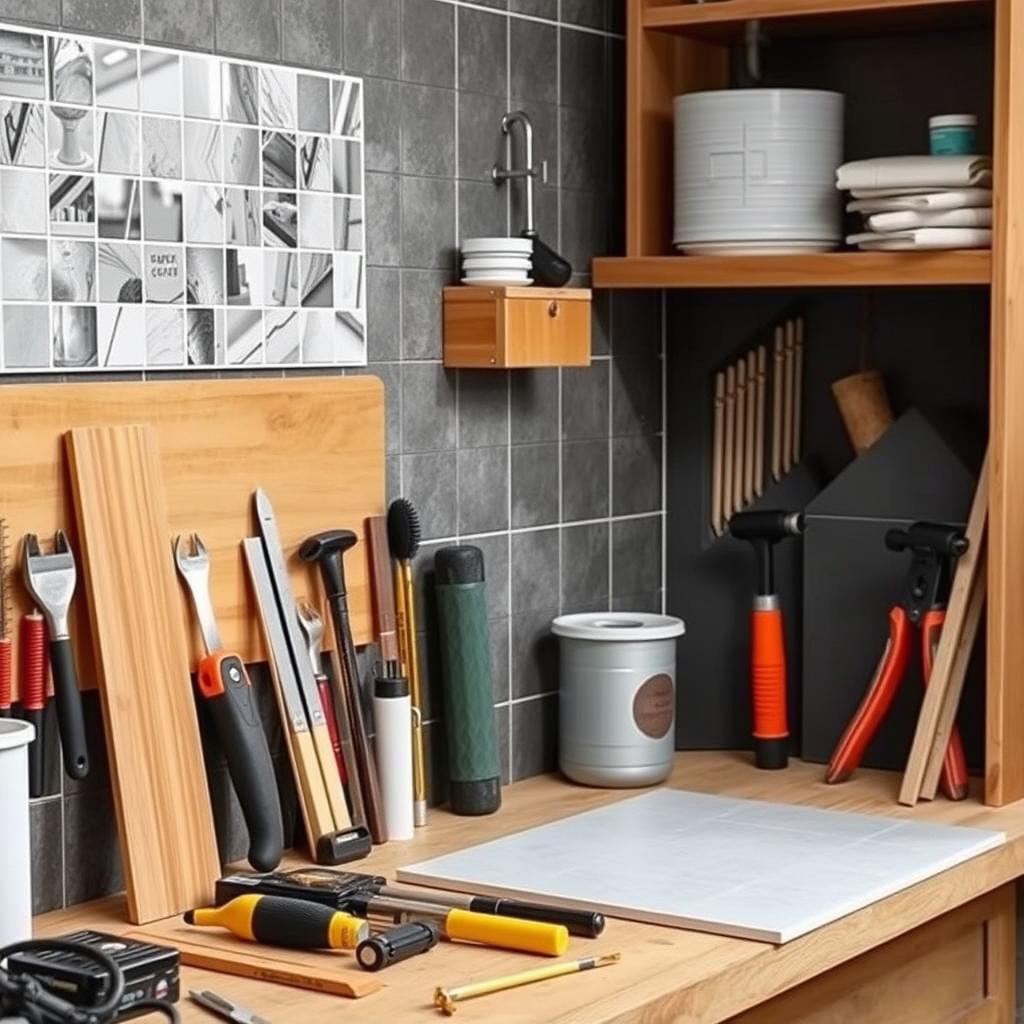 Image of a well-organized workspace with tools and materials for shower tile installation