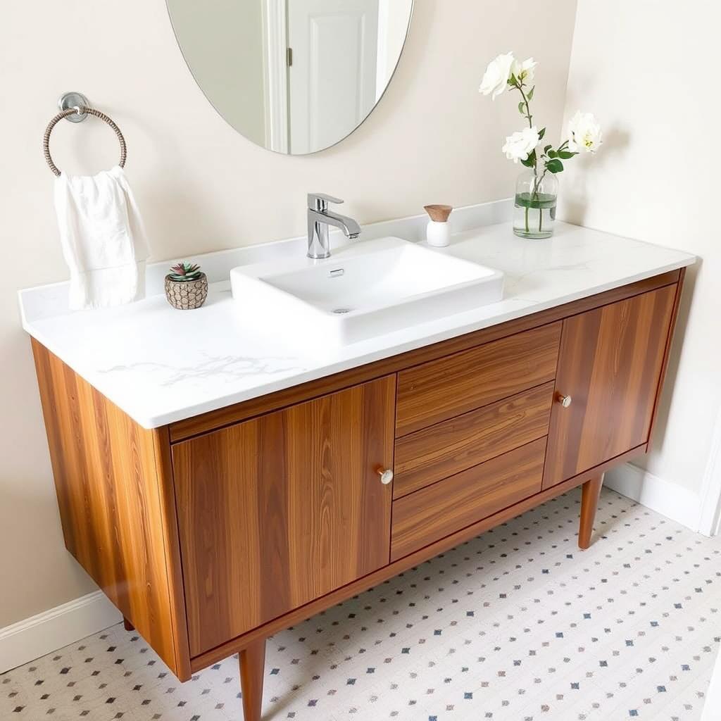 Mid-century sideboard converted into a bathroom vanity with modern sink and faucet