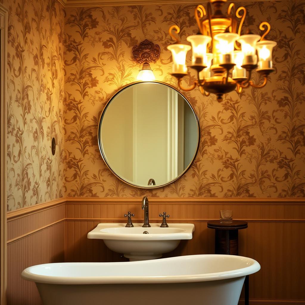 a beautifully lit vintage bathroom with an ornate, brass-finished vanity light fixture hanging over a classic white porcelain sink basin. the walls are adorned with elegant floral wallpaper in muted earth tones, and a large, round mirror is positioned above the sink, reflecting the warm glow of the vanity lights. a clawfoot tub sits in the foreground, its chrome fixtures gleaming, while a vintage-style chandelier illuminates the space with a soft, ambient light. the overall atmosphere is one of timeless elegance and old-world charm.
