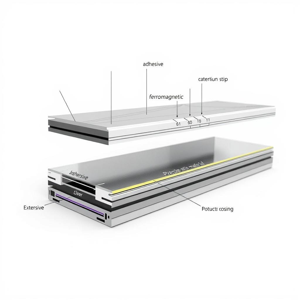 a highly detailed, technical diagram of the cross-section of a magnetic strip, showcasing its precise construction and specifications. The diagram should be rendered in a clean, technical style with a neutral color palette, emphasizing the engineering and design elements. The foreground should feature the magnetic strip's internal layers, including the ferromagnetic material, adhesive, and protective coating, with clear labels and measurements. The middle ground should provide an external view of the magnetic strip's shape and dimensions. The background should be a plain, white or light-gray surface, lending a professional, laboratory-like atmosphere to the image.