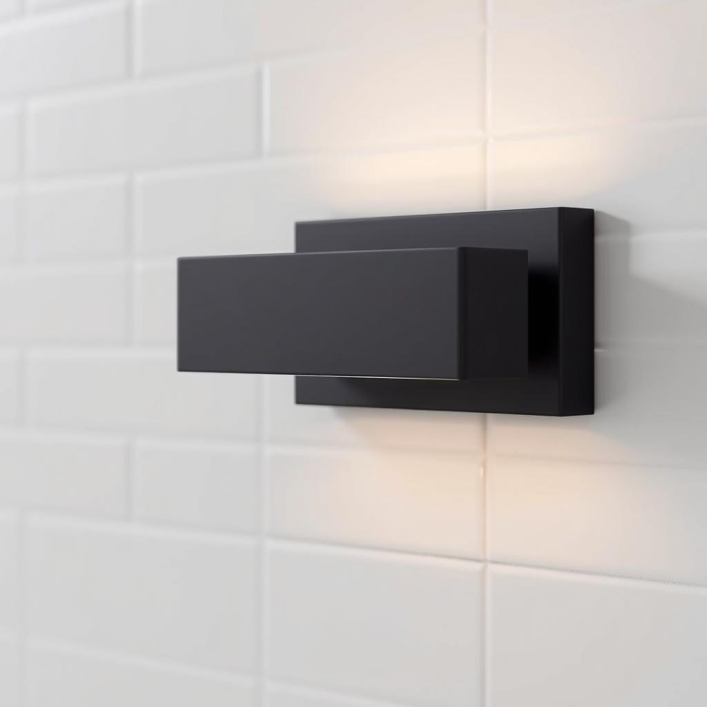 a matte black bathroom vanity light fixture with a sleek, minimalist design. the light is mounted on a smooth, rectangular vanity surface against a white tiled wall. the fixture has a simple, geometric shape with a clean, linear silhouette. the matte black finish creates a sophisticated, moody ambiance, complementing the neutral tones of the bathroom. the lighting is soft and diffused, providing gentle illumination for the space. the overall scene conveys a sense of modern, stylish elegance.