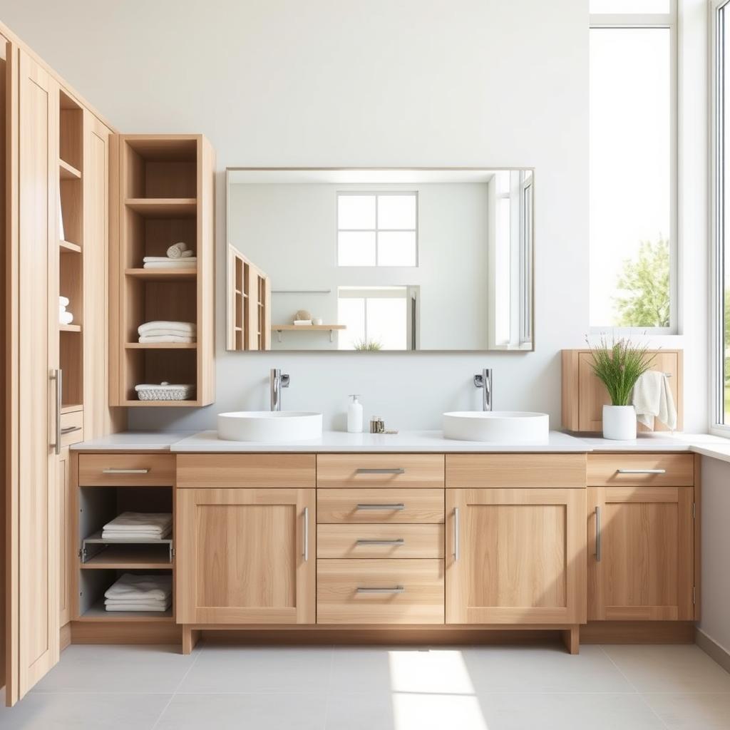 a well-lit, spacious bathroom interior with a large vanity cabinet taking up the foreground, featuring various storage solutions such as open shelving, drawers, and cabinets with sleek, modern hardware. The middle ground showcases a large wall-mounted mirror above the vanity, reflecting the bright natural lighting streaming in from large windows in the background. The bathroom has a serene, minimalist aesthetic with neutral color tones, natural wood accents, and clean lines, creating an organized and decluttered space that maximizes storage potential.