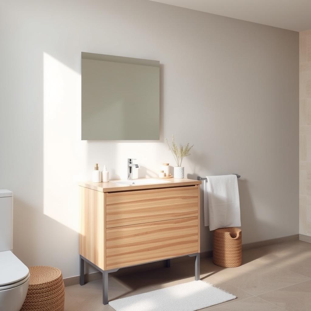 A bright, airy bathroom with a sleek, modern vanity set at an optimal height for senior users. The vanity is made of light wood and features a single sink and clean, minimalist lines. The countertop is at a comfortable standing level, with ample space for toiletries and personal care items. Soft, diffused lighting illuminates the scene, creating a soothing, spa-like atmosphere. The vanity is positioned against a neutral wall, allowing the focus to remain on its functional design and accessibility. Warm, natural tones and textures throughout the space provide a welcoming, comfortable ambiance for seniors. A bright, airy bathroom with a sleek, modern vanity set at an optimal height for senior users. The vanity is made of light wood and features a single sink and clean, minimalist lines. The countertop is at a comfortable standing level, with ample space for toiletries and personal care items. Soft, diffused lighting illuminates the scene, creating a soothing, spa-like atmosphere. The vanity is positioned against a neutral wall, allowing the focus to remain on its functional design and accessibility. Warm, natural tones and textures throughout the space provide a welcoming, comfortable ambiance for seniors.